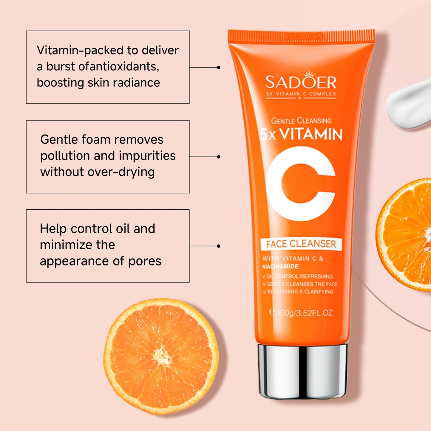5X Vitamin C Face Cleanser 100g(2 Bottle) ,SADOER Facial cleanser Niacinamide & Hyaluronic Acid, Gentle Pore Refining Daily Wash