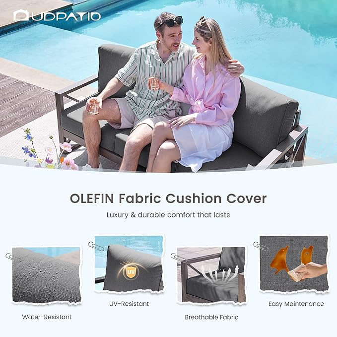 UDPATIO Aluminum Patio Furniture Set, 4 Piece Faux Wood Outdoor Patio Sets with Coffee Table, Metal Patio Furniture Set Modern Outdoor Sectional for Deck Porch Patio, Dark Grey