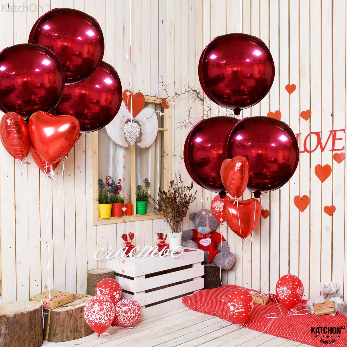 KatchOn, Huge Metallic Red Balloons - 22 Inch, Pack of 6 | Round 4D Mylar Balloon for Red Party Decorations | Burgandy Balloons for Birthday, Anniversary, Bachelorette, Vampire Party Decorations