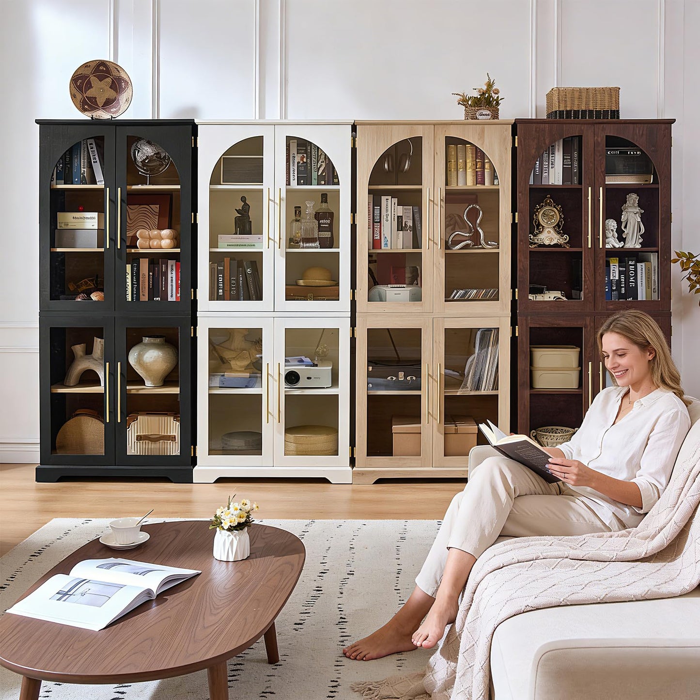Joaxswe 72" Tall Bookshelf with 4 Curved Glass Doors, Farmhouse Bookcase with 3-Tier Adjustable Shelves, Modern Living Room Display Cabinet, Large Storage Cabinet for Home Office,Dining Room, Black