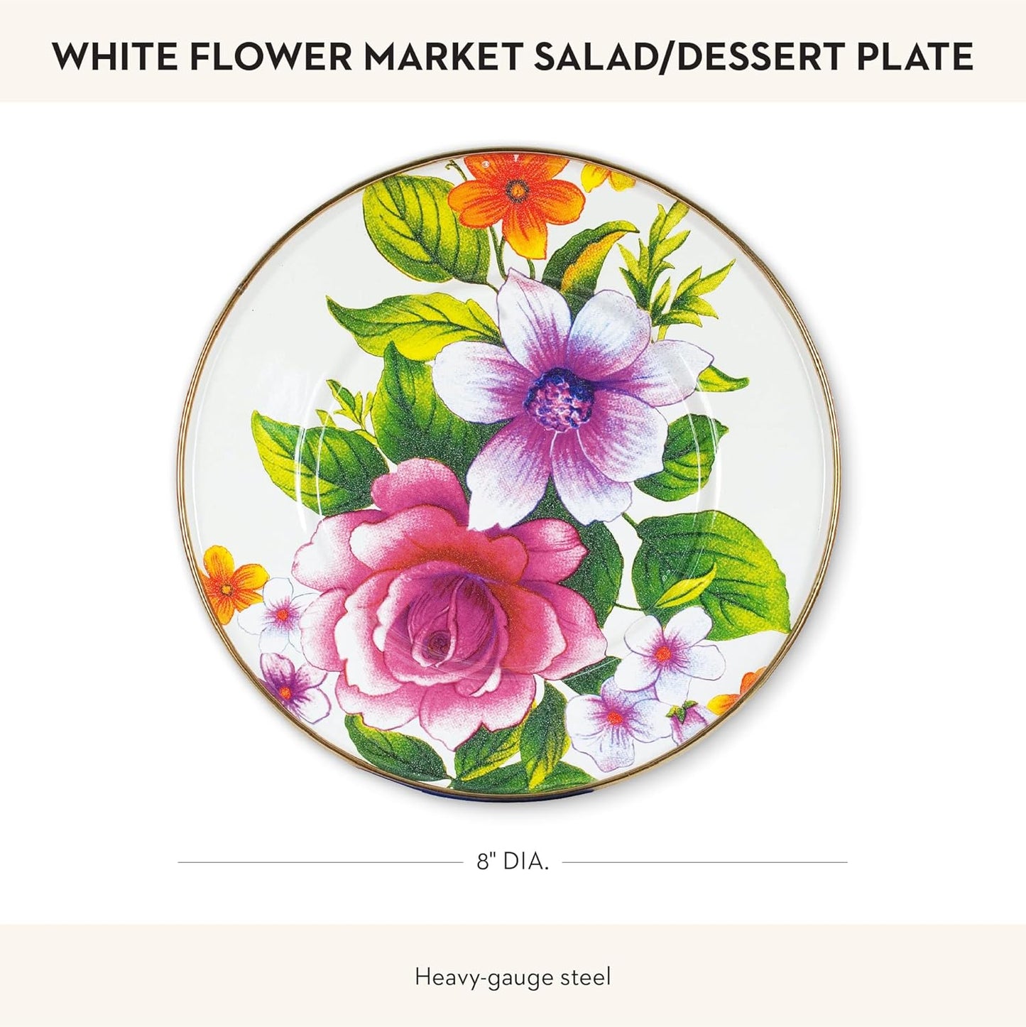 MACKENZIE-CHILDS Enamel Salad and Dessert Plate, Small Plate for a Dessert or Appetizer Dish, 8 Inches, White Flower Market