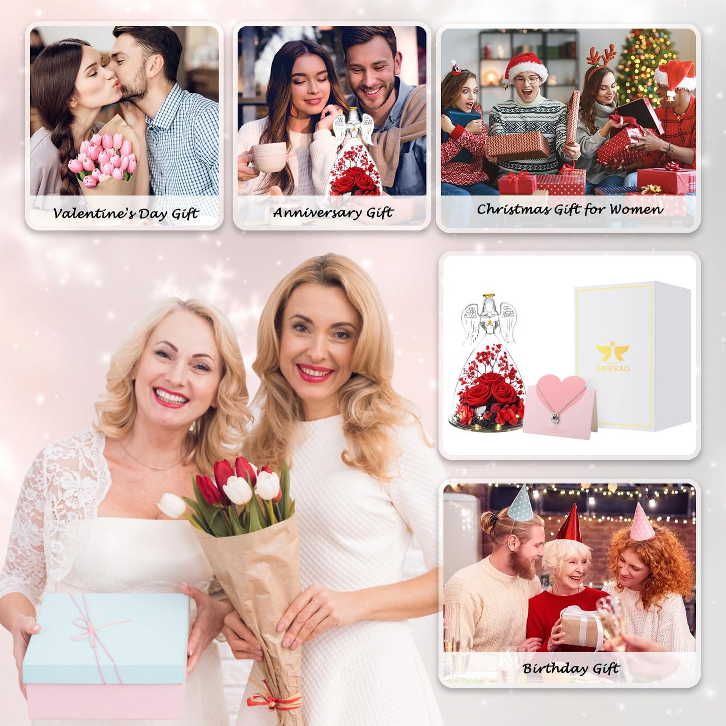 ANWEAO Mom Birthday Gifts,Flowers for Delivery Prime,Preserved Three Red Rose with Lights,Preserved Flowers Rose in Glass Angel Figurines,Angel Gifts for Women Grandma Mom Wife Sister Her Friend