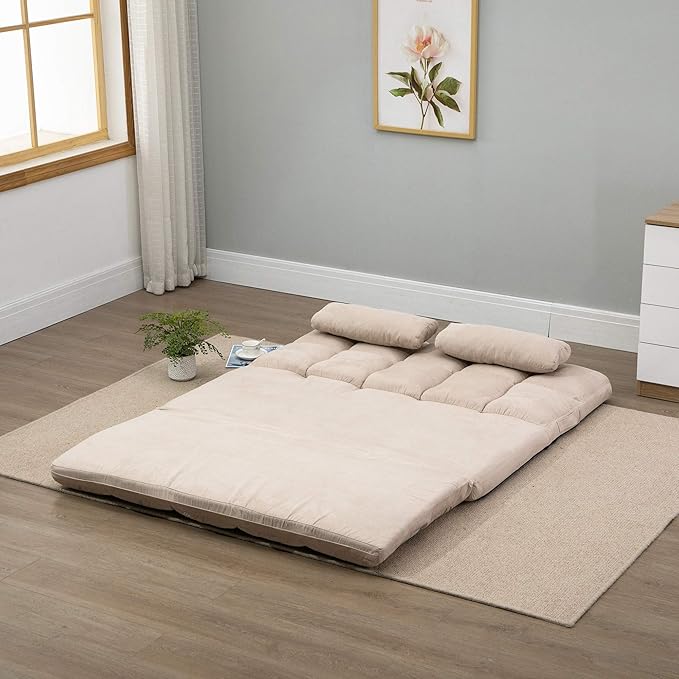 HOMCOM Convertible Floor Sofa Chair, Folding Couch Bed, Guest Chaise Lounge with 2 Pillows, Adjustable Backrest and Headrest, 51.25" L, Beige