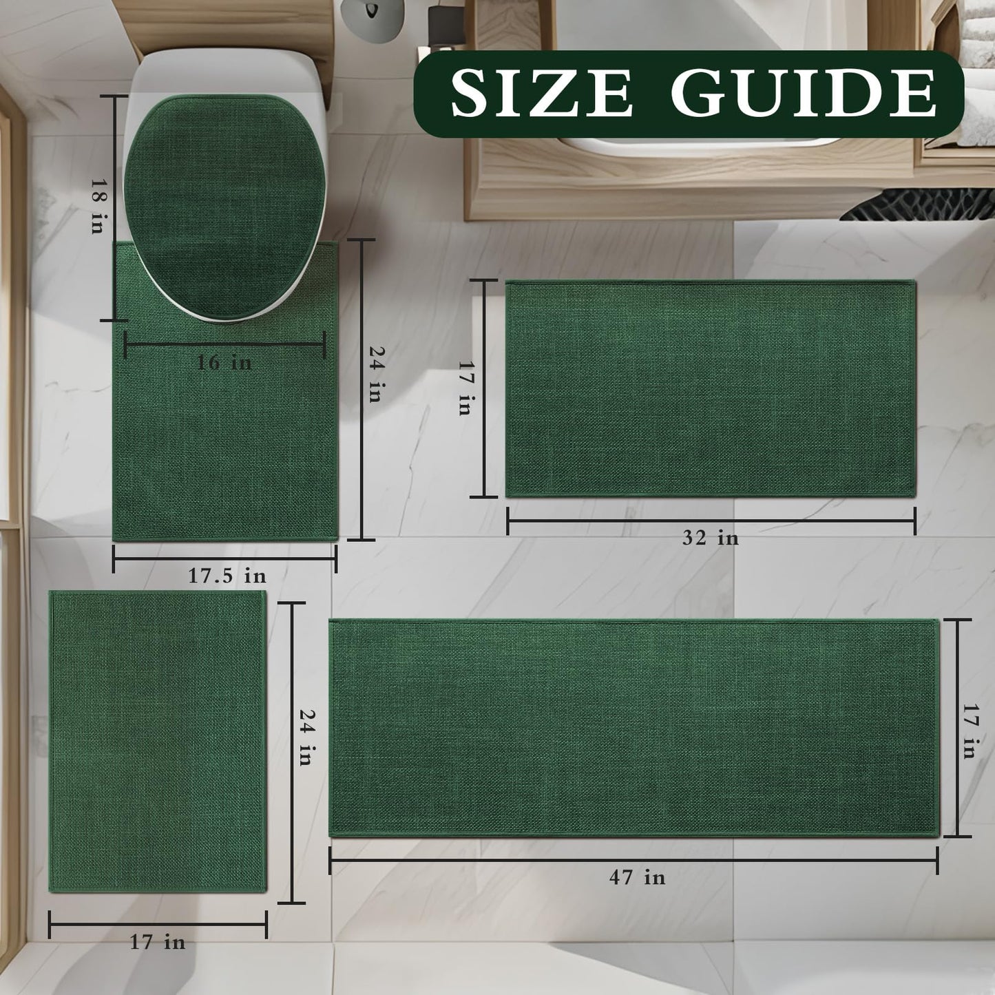 YIHOUSE Green Bathroom Rugs Set 5 Piece, Absorbent Bath Mat for Bathroom Non Slip Washable, Bathroom Mat Quick Dry, Thin Bath Rug Set for Toilet and Floor