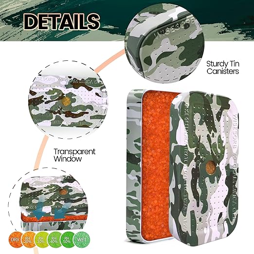 40 Gram Gun Safe Dehumidifier Camouflage, Rechargeable Desiccant Canister Dehumidifier Bags, Reusable Silica Gel Packets Moisture Absorbers for Car, Bathroom, Basement [5PACK]