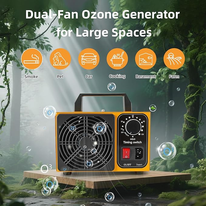 HHGM 108,000mg/h Dual-Fan Ozone Machine Generator High Capacity Ozone Odor Eliminator Odor Removal Air Purifier Ionizer & Deodorizer for Car, Home, Smoke, Pets, Industrial, Basement, Commercial