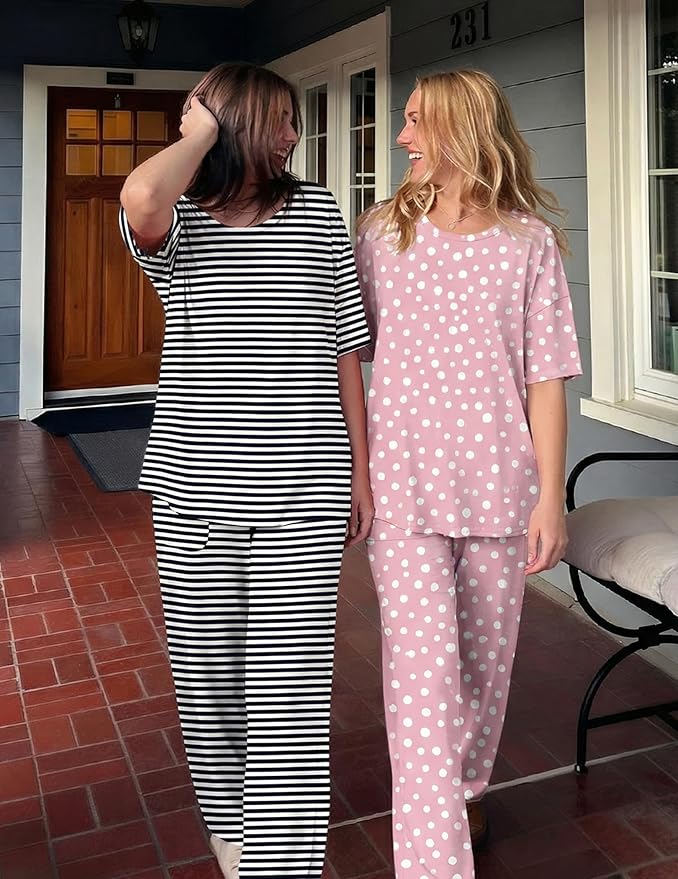 Ekouaer 2 Pack Womens Pajama Sets Short Sleeve Tops and Long Pants Casual Comfy Pjs Lounge Set with Pockets,S-XXL