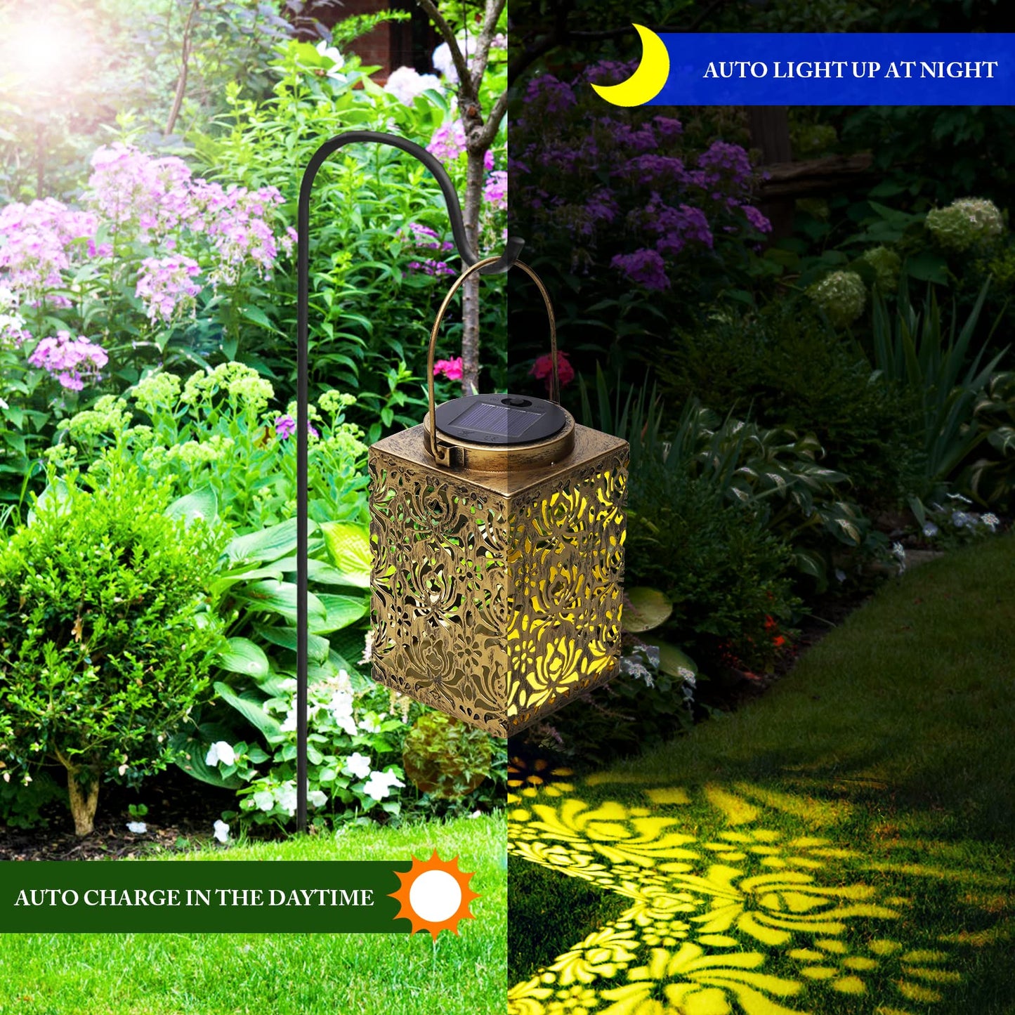 YWYWLED 2 Pack Bronze Solar Lanterns - Waterproof Metal Hanging Solar Lights Outdoor Decorative, Solar Powered LED Lamp for Patio Tabletop Porch Deck Yard Garden Decor for Outside (Rose)