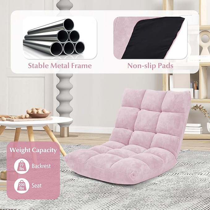 ARLIME Adjustable Floor Chair, 14-Position Lazy Sofa Chair with Back Support & Thick Padding, Portable Foldable Floor Couch for Adults, Use in Bedroom, Living Room, Home Theater (Light Pink)