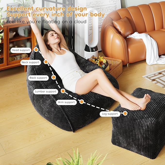 Cloud Large Bean Bag Chair with Ottoman, Corduroy Fabric+35D Memory Foam Big Beanbag Chair for Adults,Lounger Chairs Sofa Boneless Puff Chair for Living Room, Bedroom,Balcony,Playroom (Black)