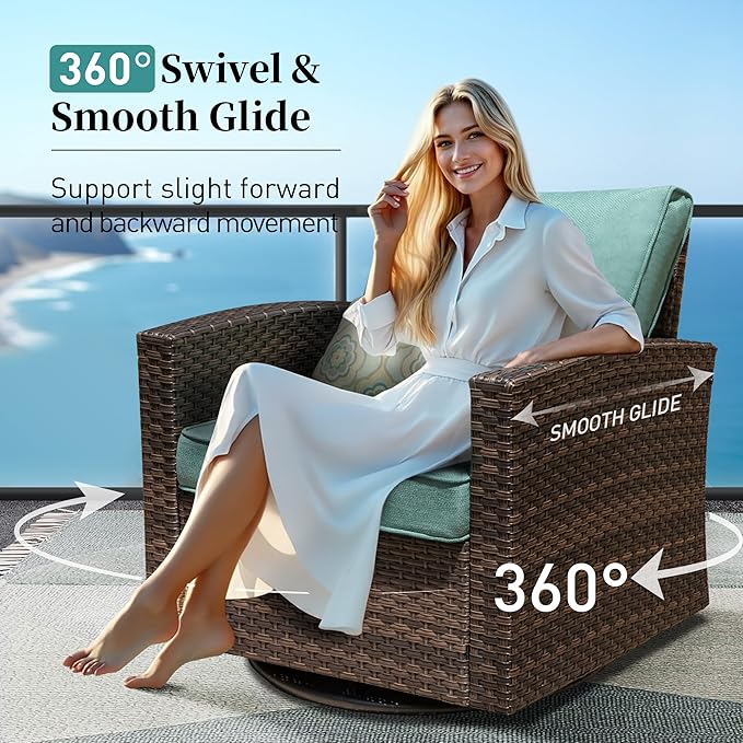 SUNSHINE VALLEY Swivel Glider Patio Furniture Set Outdoor Furniture Brown Wicker Rattan Patio Conversation Sets with Cushion Outside Sofa Set,7 Pieces with Rectangular Firepit Table,9 Seats,Blue