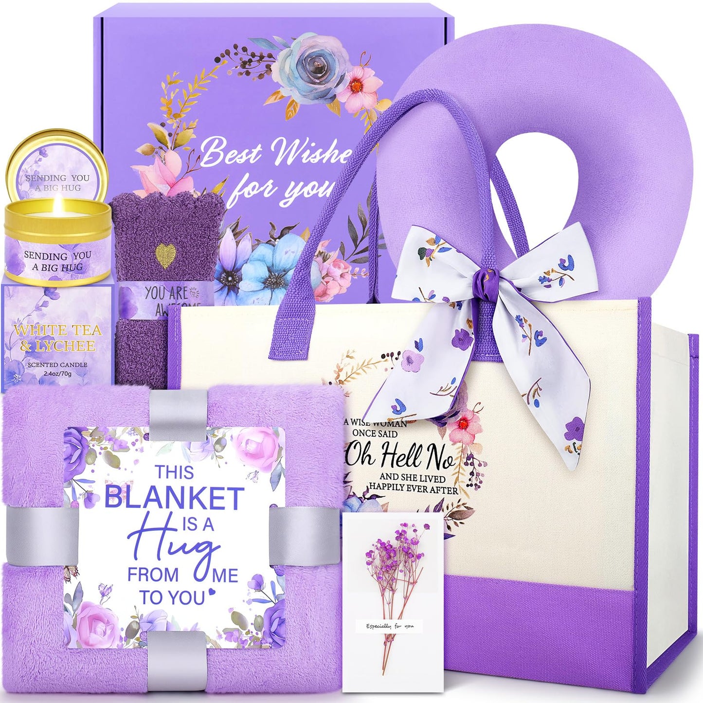 Birthday Gifts for Women -Purple Happy Birthday Gift Basket for Mom, Wife, Girlfriend, Sister, Her, Pillow/Blanket/Tote Bag/Self Care Package Get Well Soon Baskets for Women