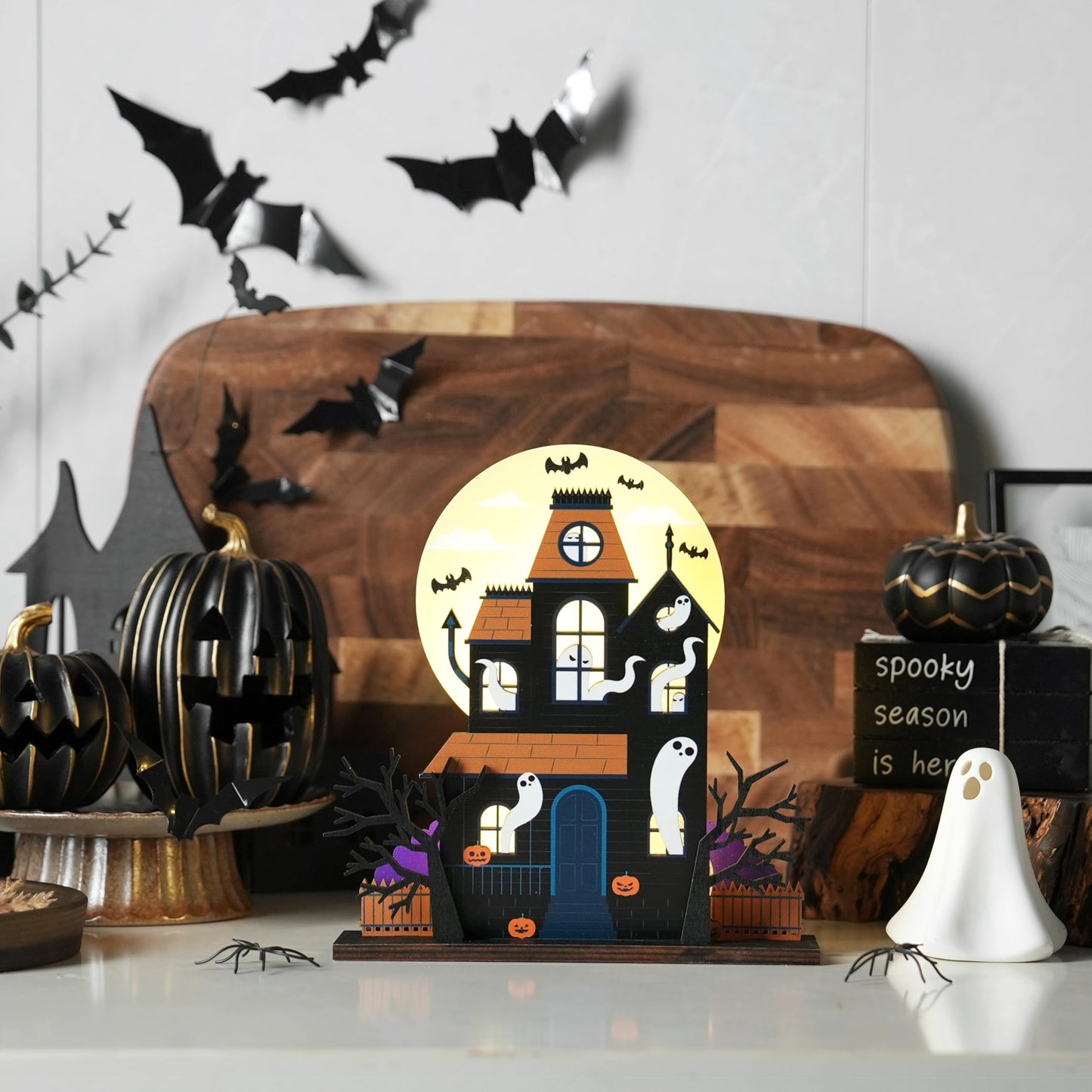 FESTGLOX Halloween Haunted House Decorations, Detachable Light Up Ghost House, Wooden Halloween Tabletop Decorations, Battery Operated Lighted Houses Village Indoor Spooky Decor