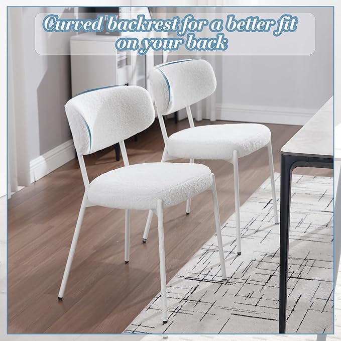 KCC Boucle Dining Chairs Set of 6, Modern Mid-Century Upholstered Stylish Kitchen Chairs Sherpa Accent Diner Chairs with Metal Legs and Curved Back for Kitchen, Dining Room(White)