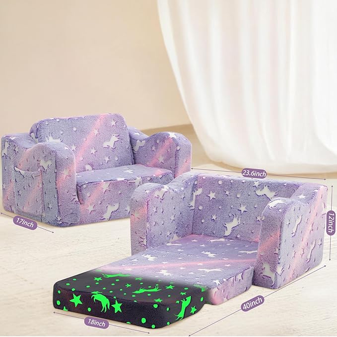 MeMoreCool Toddler Chair Comfy 1-3 Years Old, Kids Couch for Playroom, Convertible Glowing Unicorn Flip Out Sofa, Kids Furniture Floor Recliner Chair Bed