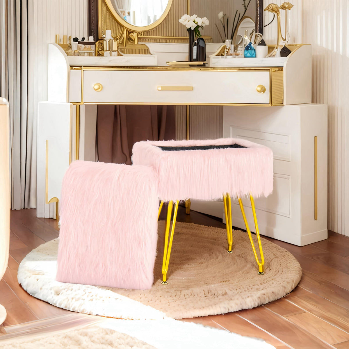 MOOWIND Vanity Stool Chair with Storage, Soft Ottoman Seat Vanity Stool with Anti-Slip Feet, Fluffy Padded Seat Multifunctional Footrest Side Table with 4 Metal Legs for Makeup, Bedroom, Pink