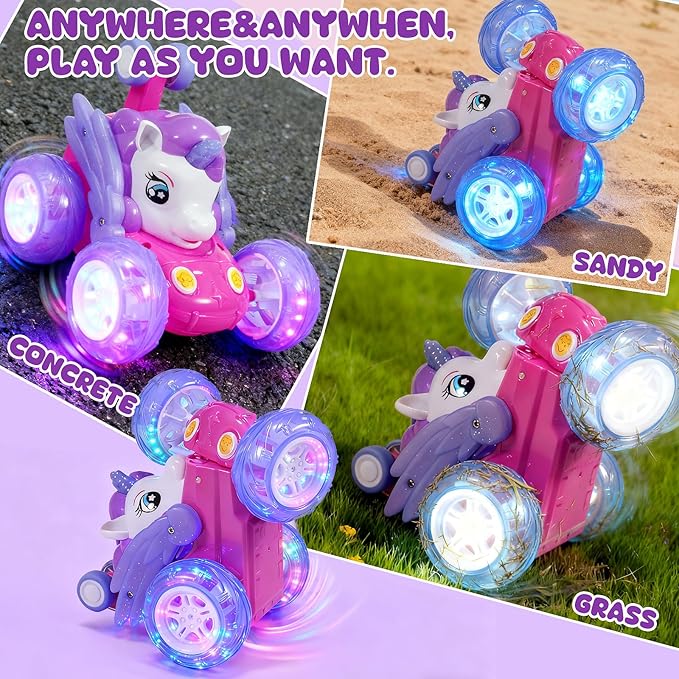Unicorn Toys RC Car for Girls 4-6 Beginner-Friendly Cute Remote Control Toy - High-Speed All-Terrain 360°Flips Stunt & Cool Blinky Lights Ideal Christmas Birthday Gift for Age 3 4 5 6 7 8 - Purlple