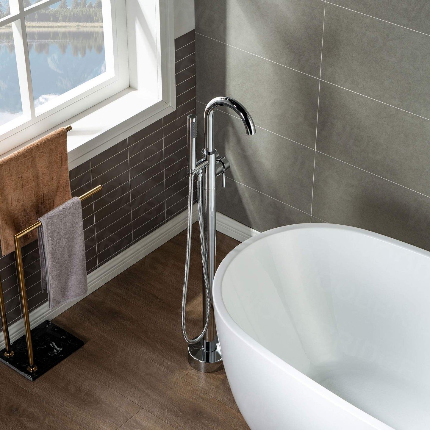 WOODBRIDGE Contemporary Single Handle Floor Mount Freestanding Tub Filler Faucet with Hand shower in Chrome Finish,F0002CHRD