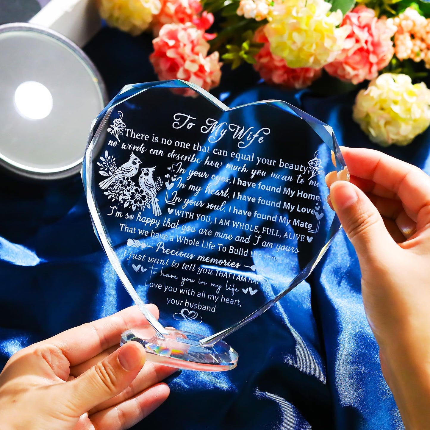 Gifts for Wife from Husband - Birthday Anniversary Romantic Presents for Her, Wife - to My Wife Glass Heart Keepsake with Colorful LED Base for Valentine's Day Mothers Day