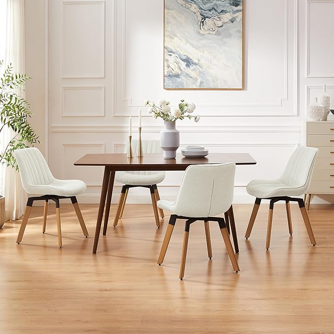 Art Leon Swivel Dining Chairs Set of 2, Mid Century Modern Kitchen Dining Room Chairs, Upholstered Fabric Armless Side Chair with Wood Legs for Living Room Bedroom, Off White
