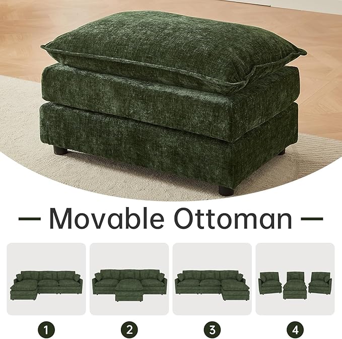 saows Modular Sectional Sofa, 112.2 Inch L Shaped Couch Set with Armrests, 3-Seater Comfy Cloud Couches with Movable Ottoman for Living Room Apartment, Green Sofa