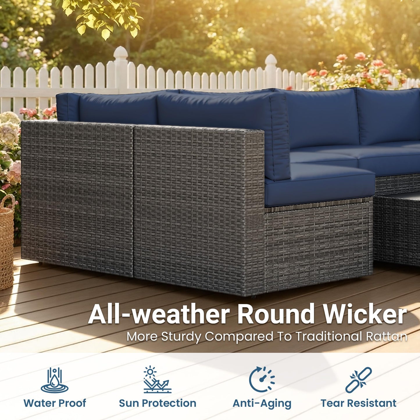 May in Color 7 Pieces Wicker Outdoor Patio Furniture Set, Patio Sectional Sofa with Coffee Table, All-Weather Outdoor Sectional Furniture for Garden Backyard, Navy Blue