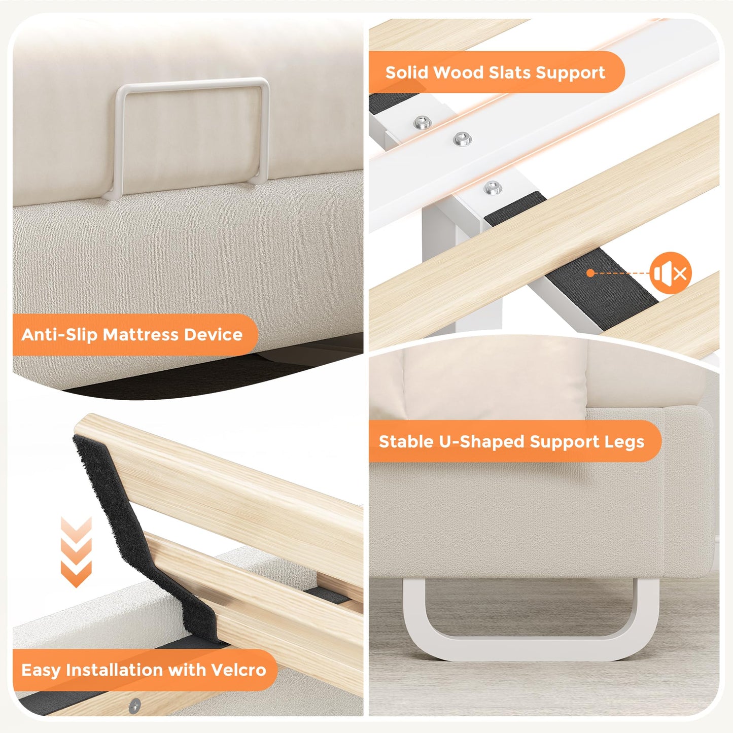 Bed Frame Queen with Boucle Upholstered Headboard, Girls Bed, Solid Wood Slats Support, Fully Upholstered Mattress Foundation/No Box Spring Needed/Easy Assembly, White Bed Frame Queen