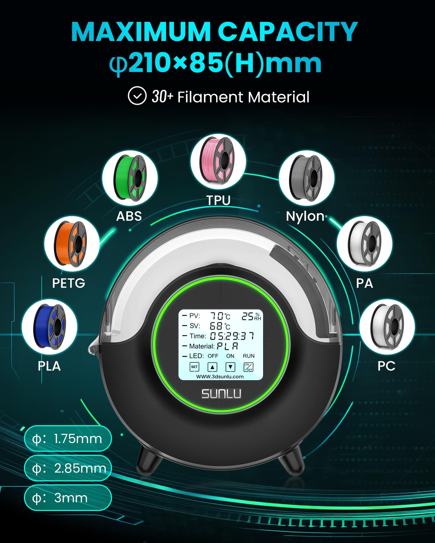 SUNLU Official Filament Dryer S2, Upgraded 3D Filament Dryer with 360°Heating Fan, Filament Dehydrator, One-Key Set with 4.6" Touch Sreen, Compatible with 1.75 2.85 3.00mm PLA PETG ABS Filament, Black