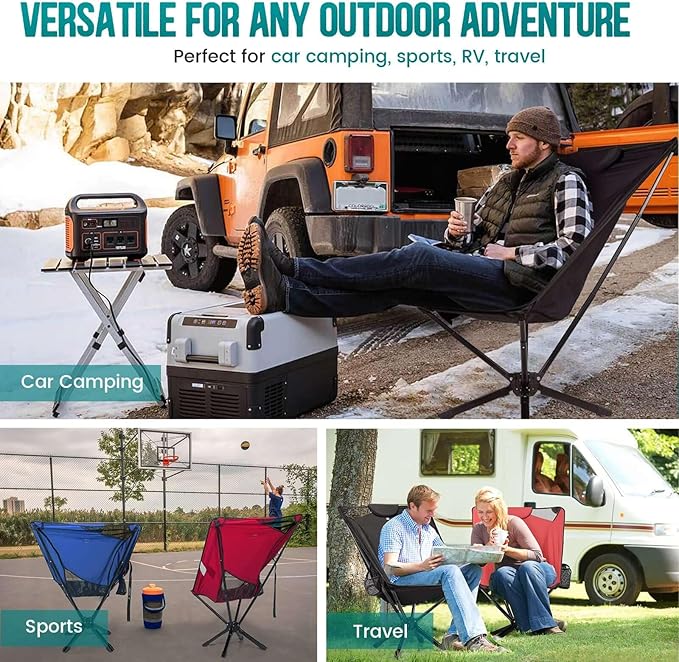 TCEK Portable High Back Camping Chair with Adjustable Height, Small Compact Outdoor Folding Chair for Adults Travel, Riselite Collapsible Lightweight Packable Camp Chairs, Easy Carry and Quick Setup