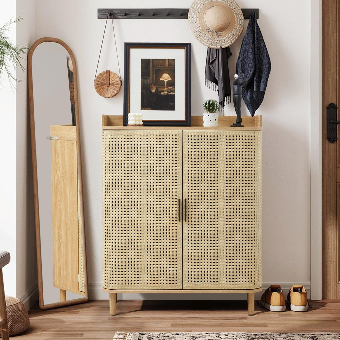 ORRD Shoe Cabinet, 5 Tier Boho Wooden Shoe Storage Organizer Cabinet with Adjustable Shelves, Shoes Rack with Iron Rattan Curved Doors Accent Cabinet for Entryway Hallway Living Room, Natural