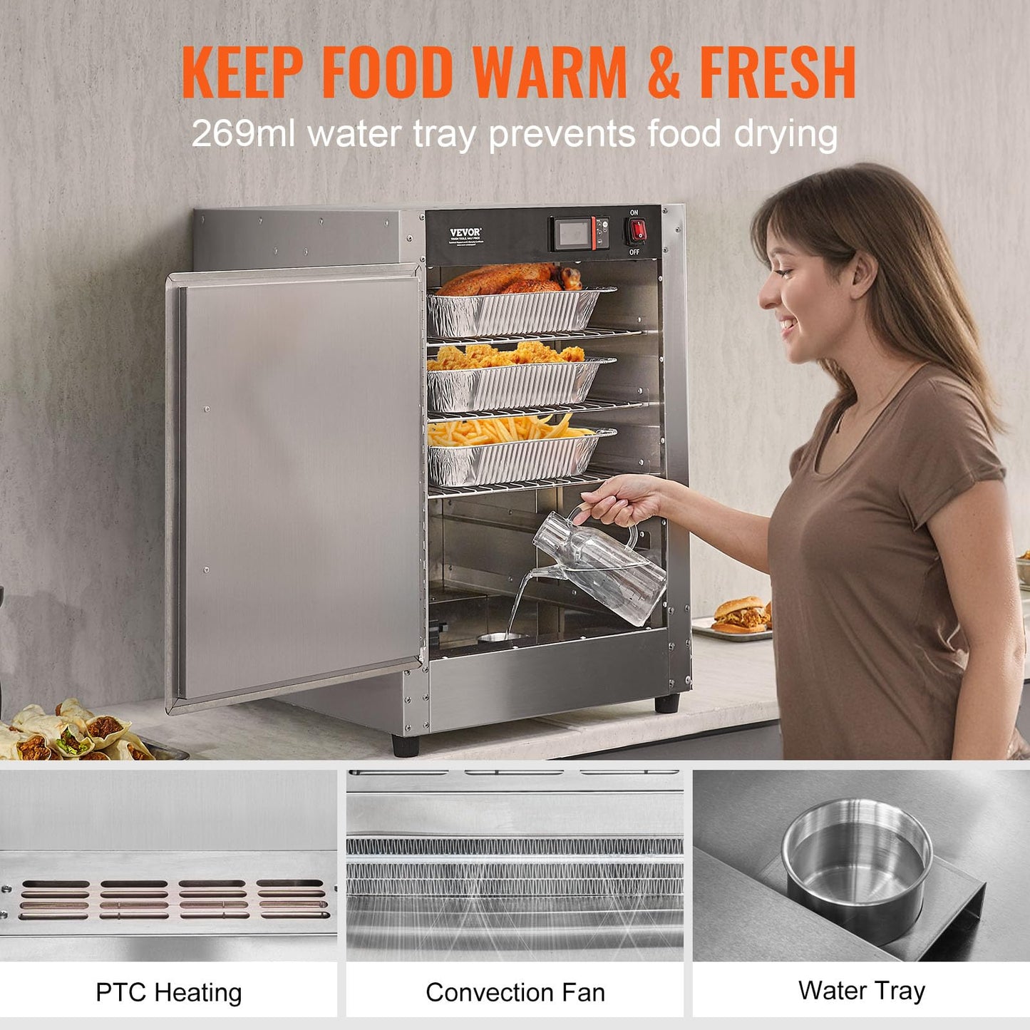 VEVOR Hot Box Food Warmer, 5-Tier Concession Warmer with Water Tray, 5 Pans, Single-Door and Adjustable Shelves, Stainless Steel Food Warmer Cabinet, Ideal for Storing Pizza, Chicken, Restaurant
