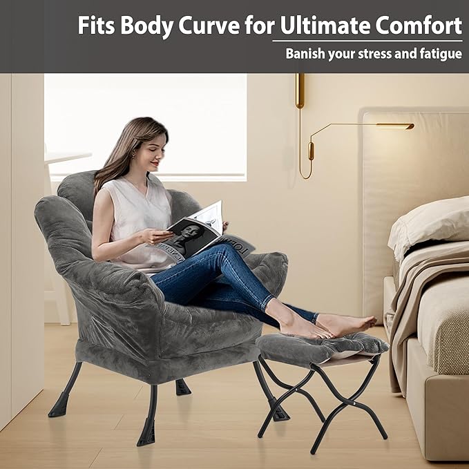 Youtanic Lazy Chair with Folding Ottoman, Accent Chair Plush Upholstered with Metal Structure and Non-Slip Pads, Sofa Armchair with Footrest and Side Storage Bag for Dorm, Room, Office, Dark Gray