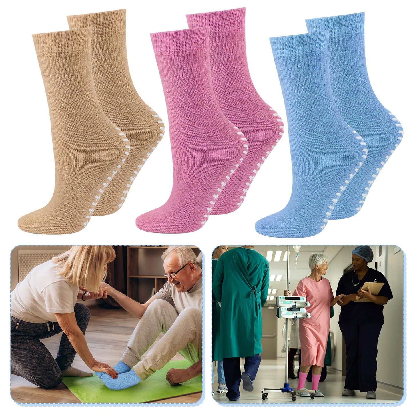 Panitay 6 Pairs XX Large Slipper Socks Terry Ring Non Slip Gripper Socks for Adults Home Hospital(Pink, Blue and Nude Color)