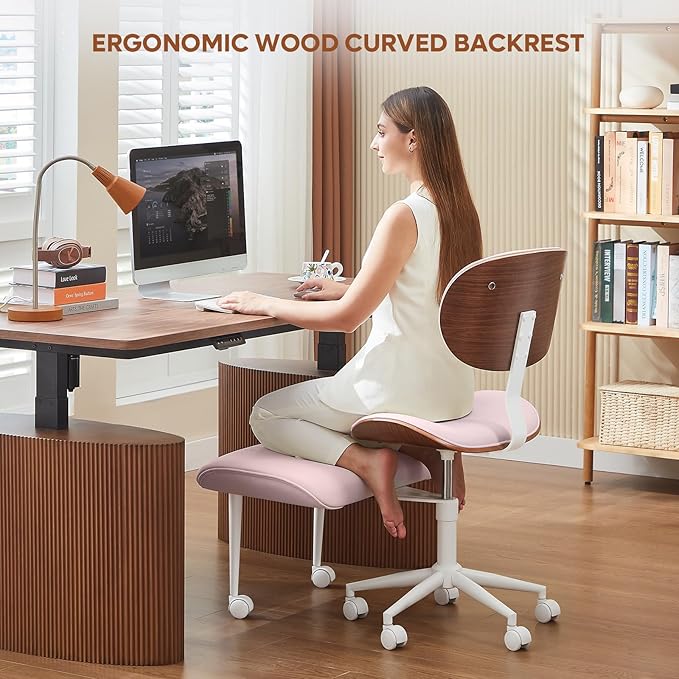 Bestier Meditation Chair with Wider Bentwood Back Support, Ergonomic Cross Legged Office Chair for Adults up to 300 lbs, 360° Swivel Adjustable Height for Multi Position (Contemporary Bentwood, Pink)