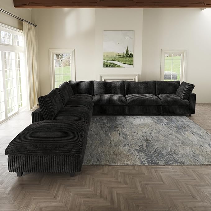 Cloud Modular Sectional Sofa,157" Oversized 7 Seater Sofa,V Shaped Couch with Storage Ottoman,Plush Sofas for Living Room,Comfy Couch with Chaise,Covers Washable&Replaceable (Black)