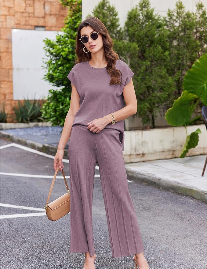 Ekouaer Lounge Sets for Women Two Piece Outfits Knit Cap Sleeve Tops Wide Leg Pleated Pants Casual Dressy Sweater Sets
