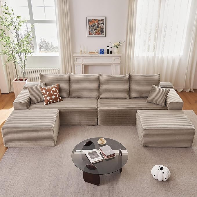 140" Sectional Cloud Couch for Living Room, Modular Floor Deep-Seat Sofa, Big Comfy Corduroy Couches Set with Fluffy Memory Foam, Stupendous U Shaped Sofas, No Assembly Required, Camel