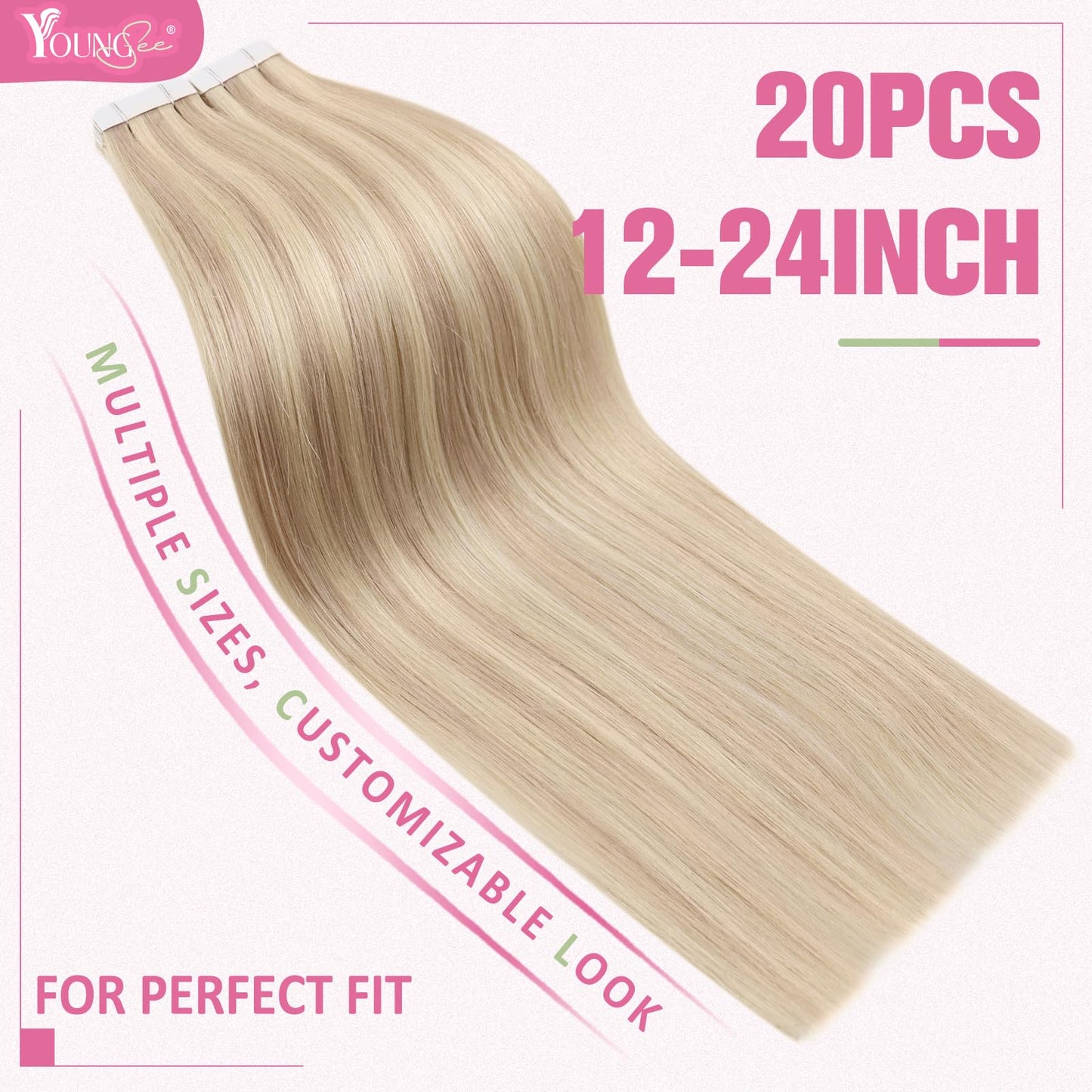 YoungSee Human Hair Tape in Extensions Blonde Highlight Tape Hair Extensions Light Blonde Highlights Strawberry Blonde Human Tap