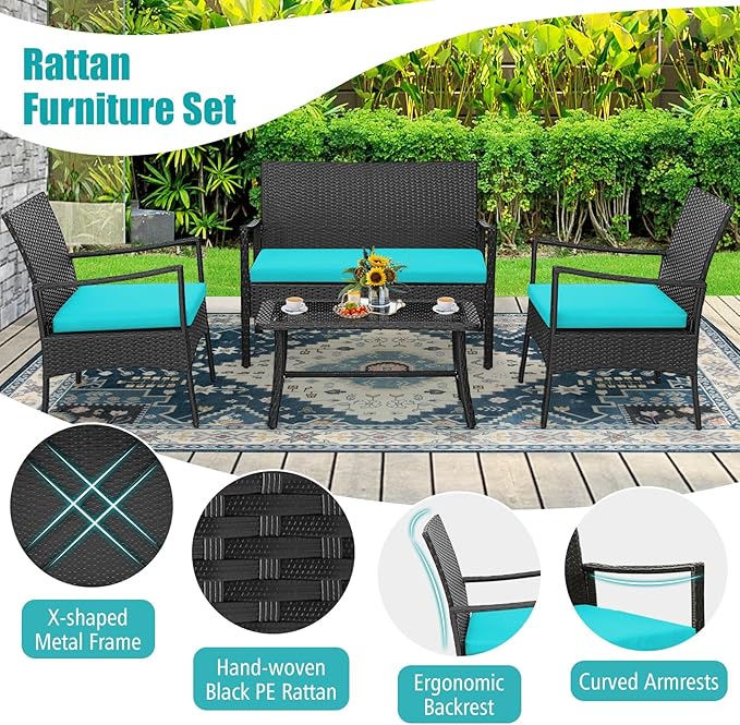Tangkula 8 Pieces Rattan Conversation Set, Patio Sofa Couch Set with Tempered Glass Coffee Table, Seat Cushions, Outdoor Wicker Loveseat Set for Poolside, Courtyard, Balcony (2, Turquoise)