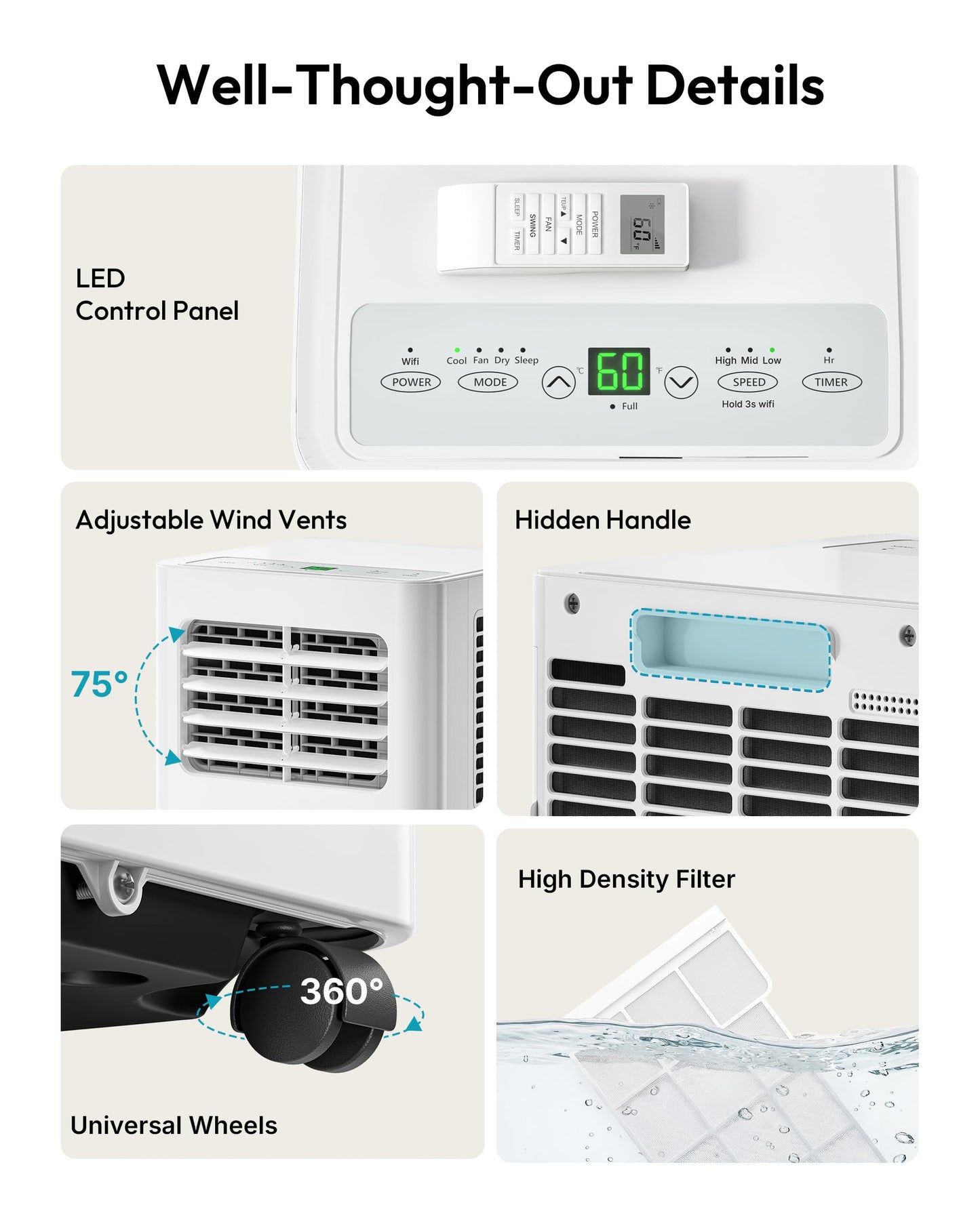 EUHOMY Portable Air Conditioners 14,000 BTU, 4-in-1 Portable Air Conditioner for Rooms Up to 650 Sq.Ft. with Cool, Fan, Dehumidifier, Sleep, Portable AC Unit with Remote & 24H Timer, Installation Kits