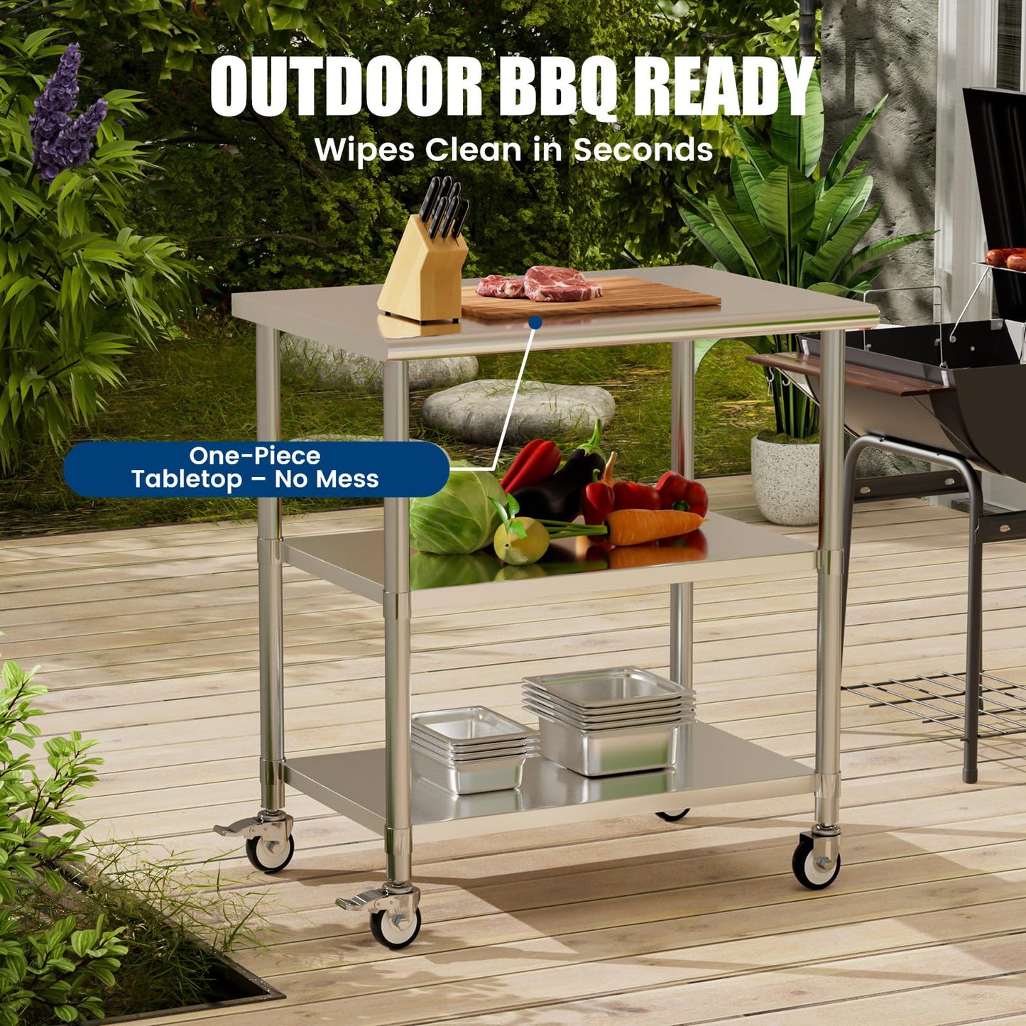 Chingoo Stainless Steel Work Table with Wheels, 24x36 Inch NSF Kitchen Prep Table with 2 Adjustable Undershelves for Commercial Restaurant, Garage, Outdoor BBQ