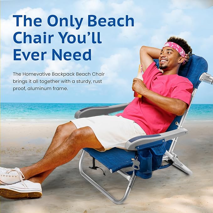 Homevative Cooler+ Folding Backpack Beach Chair with 5 Positions, Towel bar, XL Cooler Pouch, Storage Net, Cup and Phone Holder, Breeze, 2 Pack