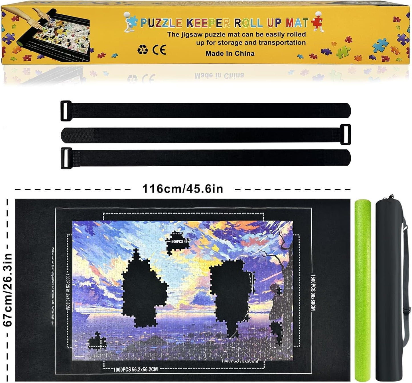 Napzy Puzzle Mat, Jigsaw Matt Rollup 8PCS Sorting Trays Up to 1500pcs Puzzles Matt Rollup 45.6 x 26.3 in Jigsaw Keeper and Saver Jigsawes Pad Has Storage Bag for Puzzle Lovers, Felt Matted Black