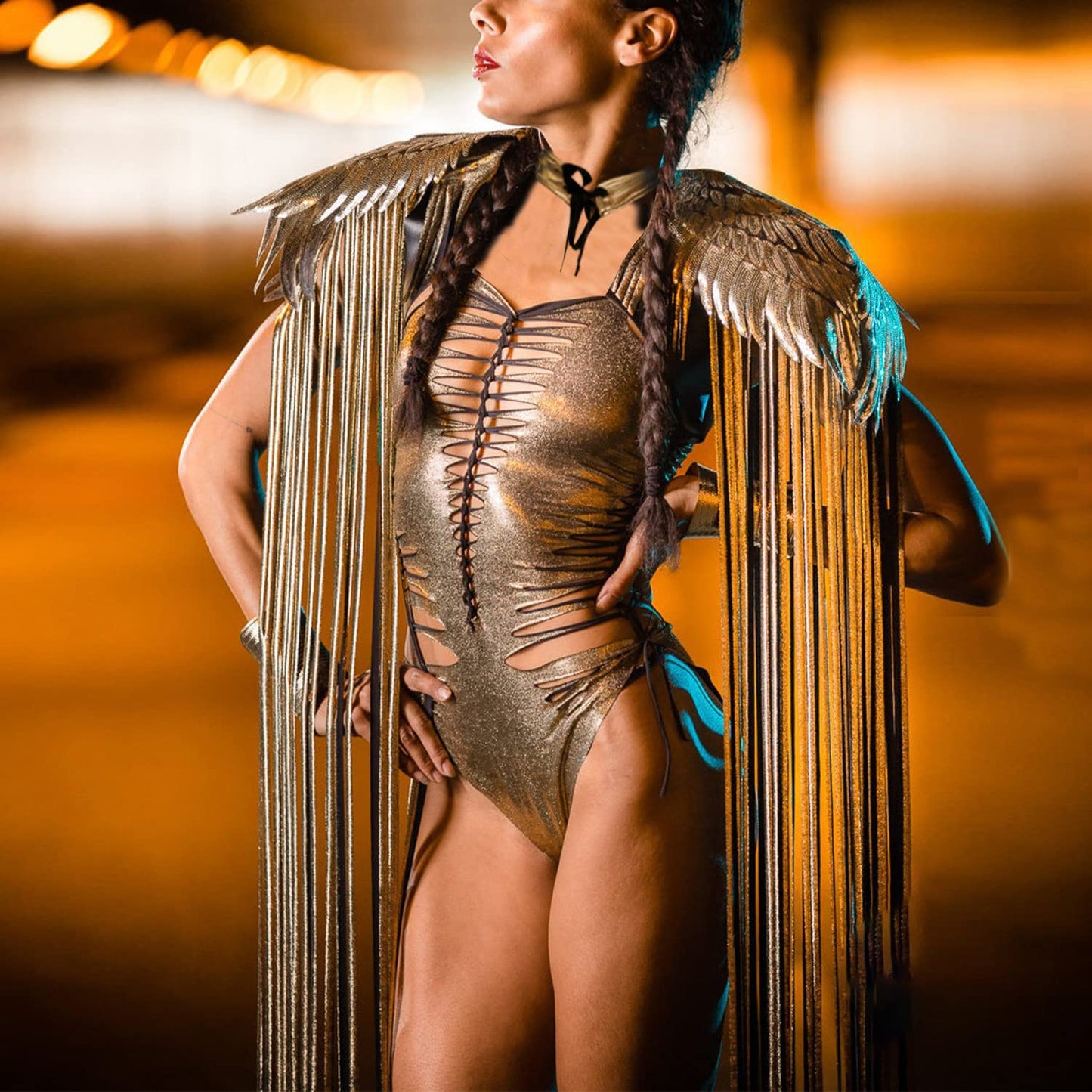 Ypser Shoulder Pieces with Fringed Angel Wings Cape Shawl for Burning Men Halloween Cosplay Golden