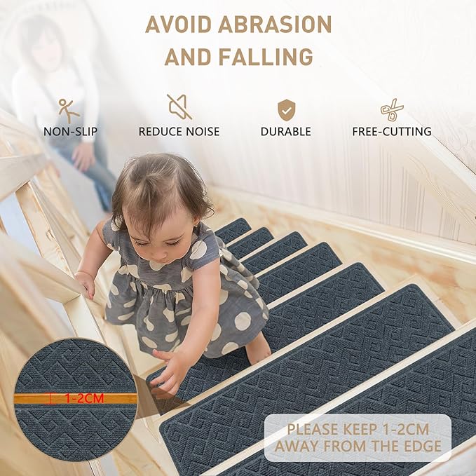 Stair Treads for Wooden Steps, 8" X 30" Non Slip Stair Runner Carpet Indoor with Reusable Adhesive Backing, Soft Tread Mat for Stairs, Polyester TPR Backing Stair Rugs- Dark Gray 15 Pack