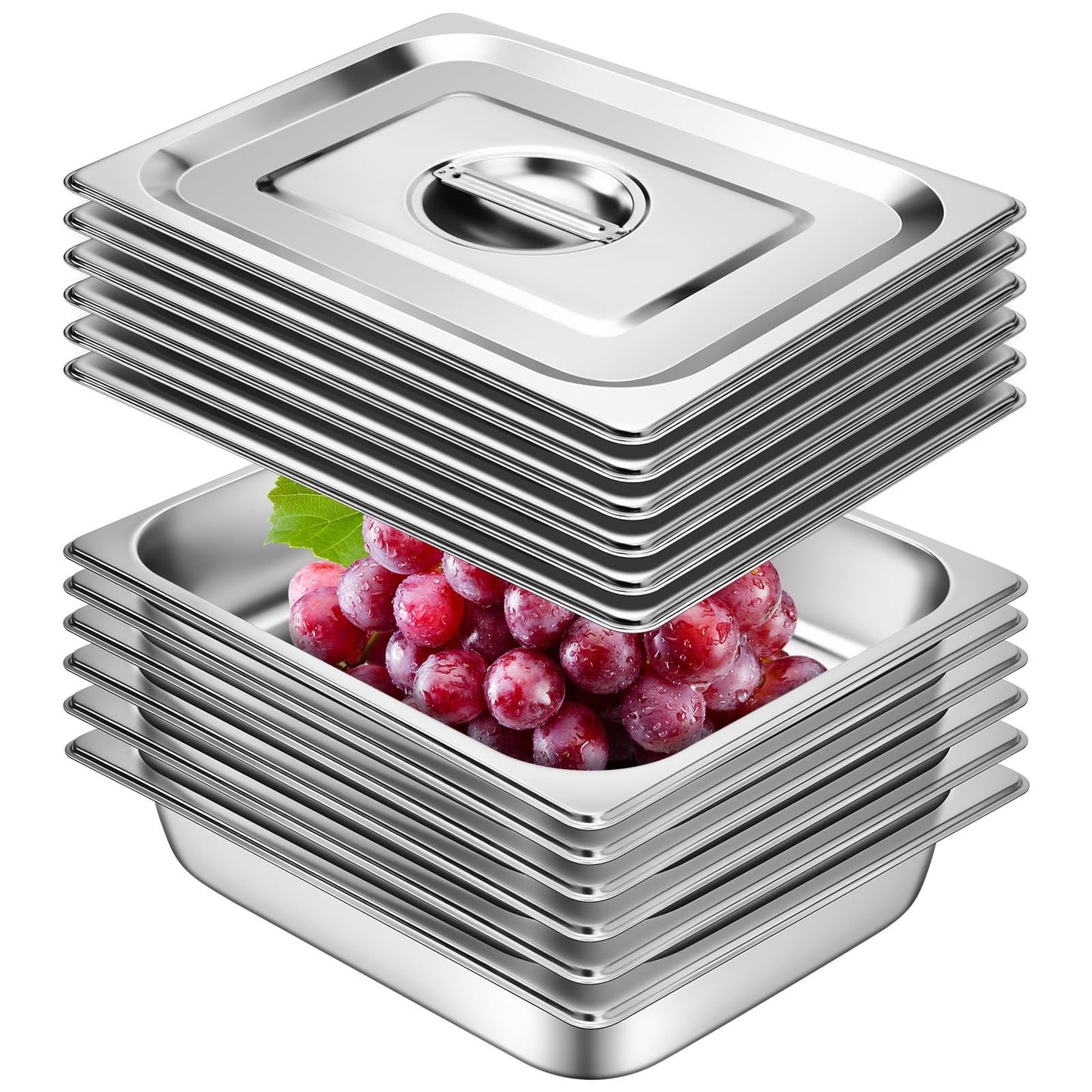 Hotel Pan with Lids 6 Pack 1/2 Size 2.5" Deep Stainless Steel Steam Table Pan, Commercial Food Pans for Catering Buffet Chafing Dish Pans Metal Steam Tray (1/2 Half Size x 2.5 Inch Deep, 6 Pack)