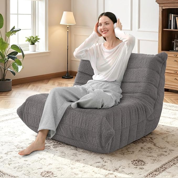 HABUTWAY Bean Bag Chairs Fireside Lazy Floor Sofa, Soft Teddy Fleece Bean Bag Sofa with High-Resilience Foam Filling，Beanbag for Living Room, Bedroom, Office (Dark Grey Teddy)