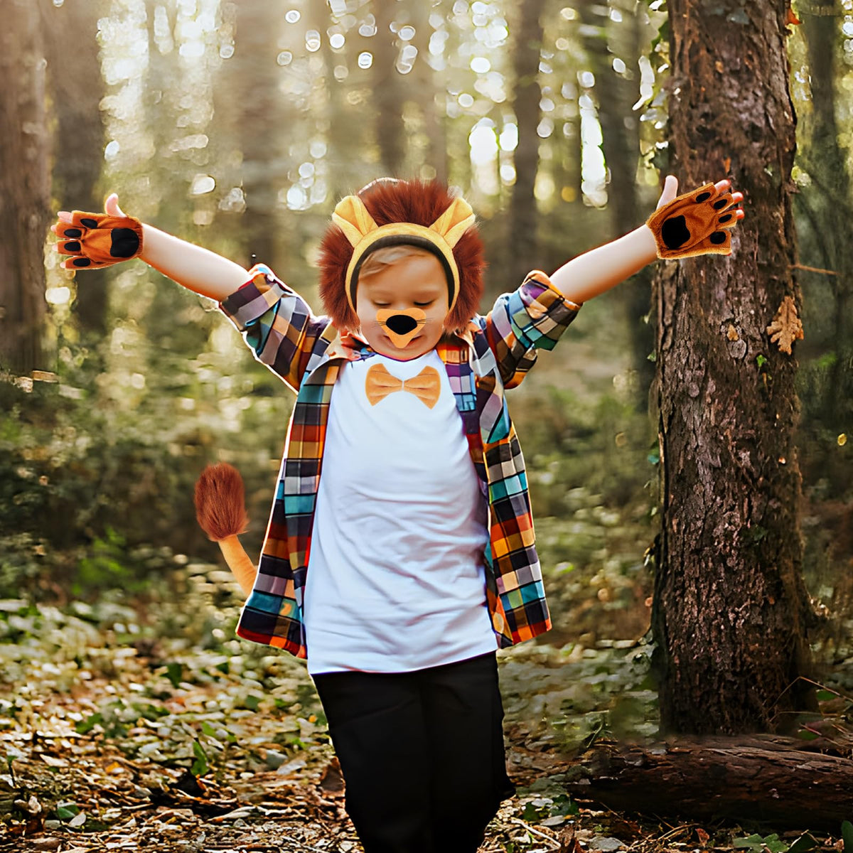 NinkyNonk 6 PCS Lion Costume Kits Includes Lion Ears Headband Tail Nose Bowtie Gloves for Lion Cosplay Halloween Party Dress Up 101 Days of School Supplies
