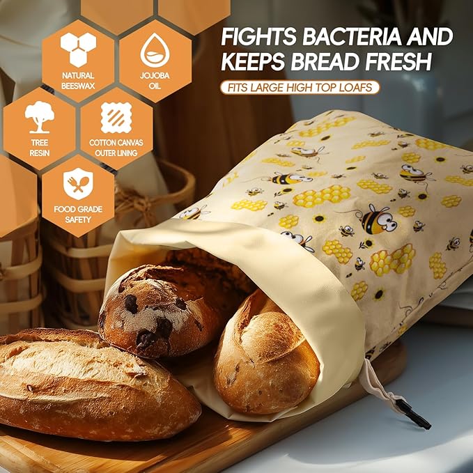 Beeswax Bread Bags for Homemade Bread (2 Pack), Sourdough Bread Bag with Removable Beeswax Lining for Keeping Fresh, Reusable Food Storage Bag