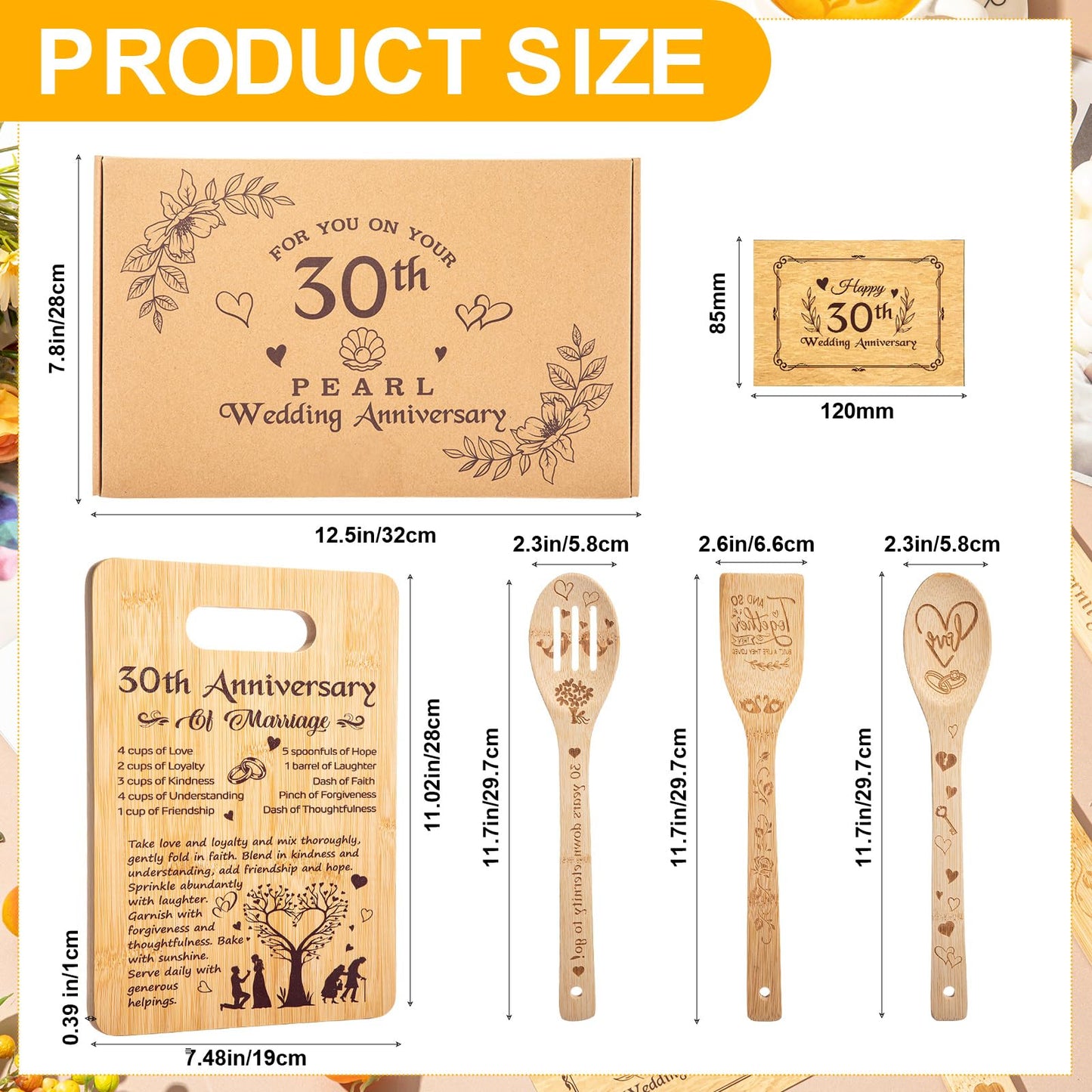RimCereal 5 Pcs Wedding Kitchen Serving Board Set Anniversary Married Gifts for Women Men Husband Wife Parents Couple Pearl Ruby Golden Diamond Anniversary-recipe for a Happy Marriage(30th)